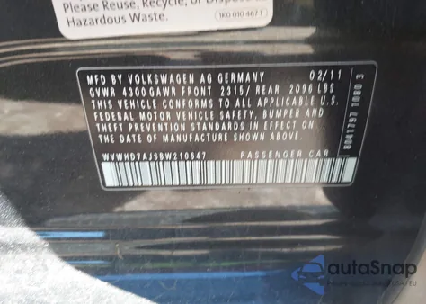 2011 Volkswagen Gti 4-Door Autobahn z USA, uszkodzony, nr VIN WVWHD7AJ3BW210647